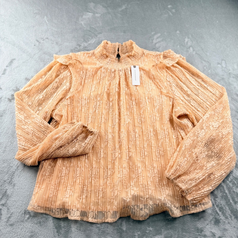 Porridge Anthropologie Peach Women's XL Lace Pleated Ruffle Mock Neck Blouse NWT